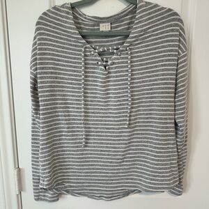 A New Day Striped Lace-Up Gray Top